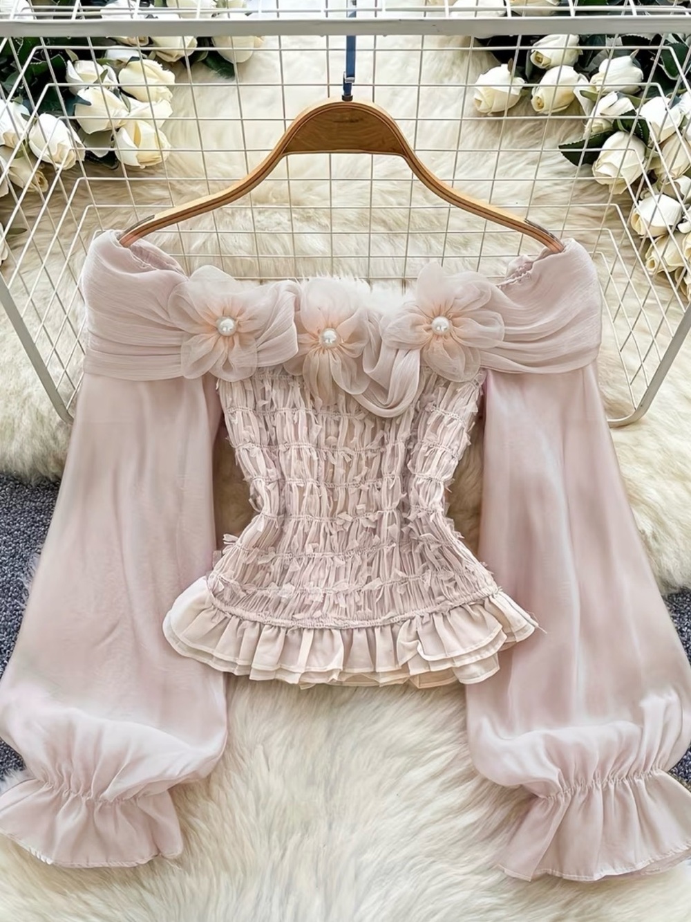 Dusty Pink Off-Shoulder Smocked Organza Blouse Like New XL